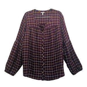 Burgundy Gold Plaid Sz 1X Boho Cottagecore Festive Balloon Sleeve Peasant Blouse